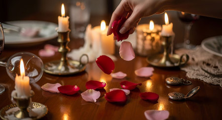 Woman's hand holding rose petals on a table with candles.の写真素材