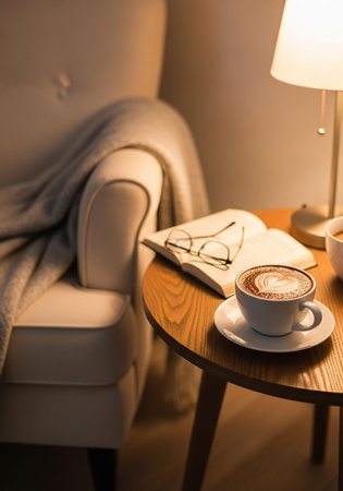 Coffee cup and eyeglasses on table in living roomの写真素材