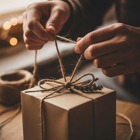 Hands of woman wrapping christmas gift in craft paper with twineの写真素材