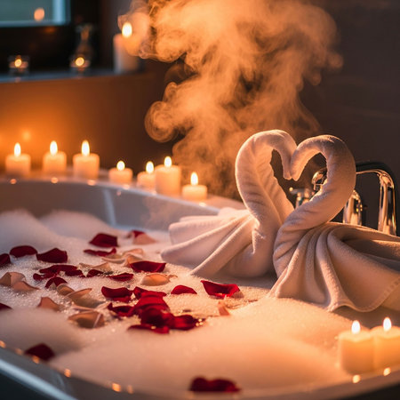 Romantic bath with rose petals, candles and towel in bathtubの写真素材