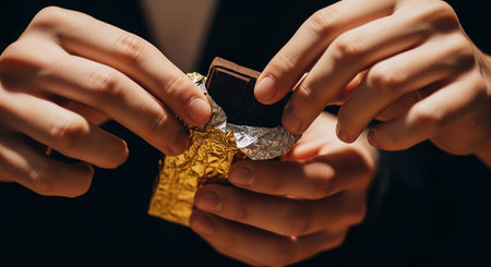 Closeup of male hands wrapping a chocolate bar in a foil.の写真素材