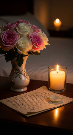 Romantic still life with a candle, a book and a bouquet of rosesの写真素材