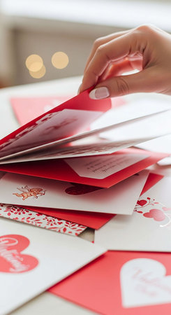 Close-up of woman's hands making red envelopes for Valentine's Dayの写真素材