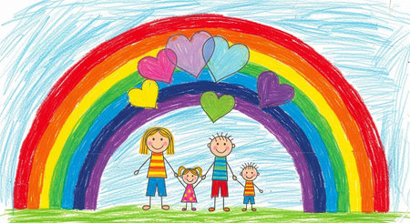Happy family with two children on the background of a rainbow. Vector illustration.の写真素材
