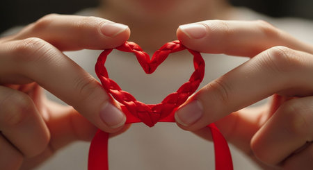 Hands of a girl in a white T-shirt with a red ribbon in the form of a heartの写真素材