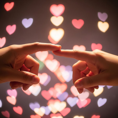 Two hands making heart shape with bokeh background, love conceptの写真素材