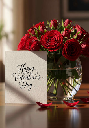 Bouquet of red roses in a vase and card with text Happy Valentines Dayの写真素材
