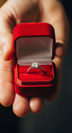 Engagement ring in a red box in the hands of a manの写真素材