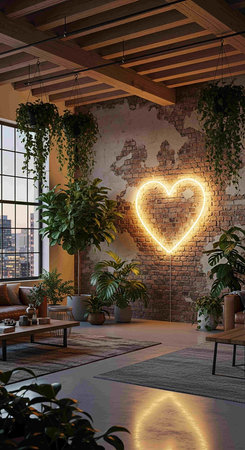3D rendering of a heart shaped neon sign in a modern interiorの写真素材