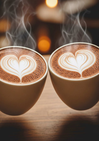 Coffee cup with heart shape latte art on wooden backgroundの写真素材