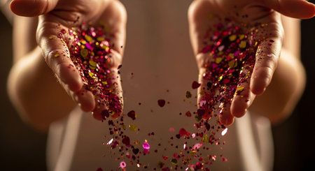 Close up of female hands with glittering sparkles on a dark backgroundの写真素材