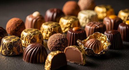 Assortment of delicious chocolate candies on dark background. Selective focus.