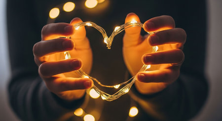 Female hands holding Christmas lights in the shape of a heart on a dark backgroundの写真素材