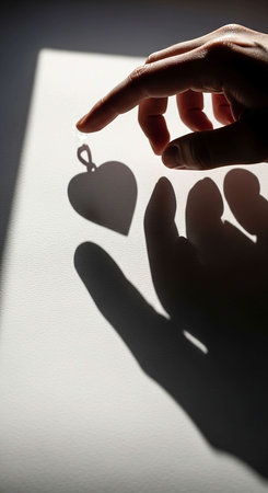 Hands holding a heart on a white background with shadow from the sunの写真素材