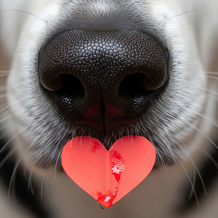 Dog's nose with a red heart, close-up, selective focusの写真素材
