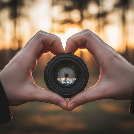 Female hands holding camera lens in the form of a heart on nature backgroundの写真素材