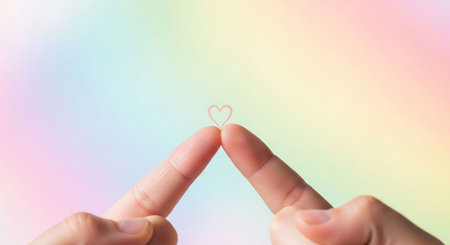 Female hands holding a heart shape on a rainbow background with copy spaceの写真素材