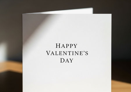 happy valentines day text on white paper with shadow on tableの写真素材