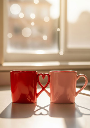 Two cups of coffee on the windowsill. Valentine's day.の写真素材