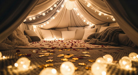 Wedding tent decorated with candles, hearts and pillows.の写真素材