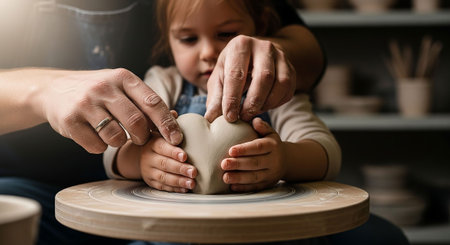Cute little girl and her father making ceramic pot on pottery wheelの写真素材