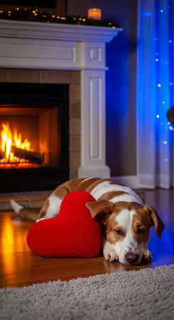 Dog with a red heart on the floor in front of a fireplaceの写真素材