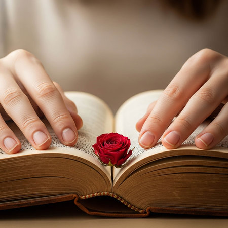 Close up of woman hands holding a book with red rose on topの写真素材