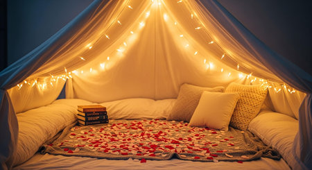 Tent decorated with red rose petals and book in the bedroomの写真素材