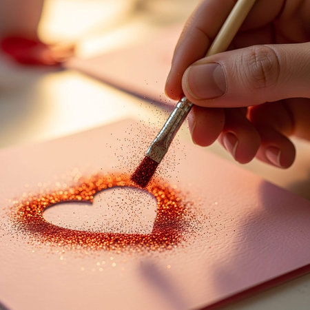 Young woman draws a heart with a brush on a notepad.の写真素材
