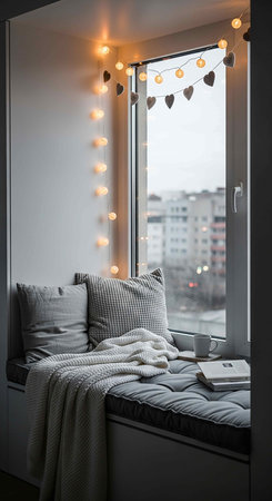 Cozy bedroom interior with big window overlooking the city and lights garlandの写真素材
