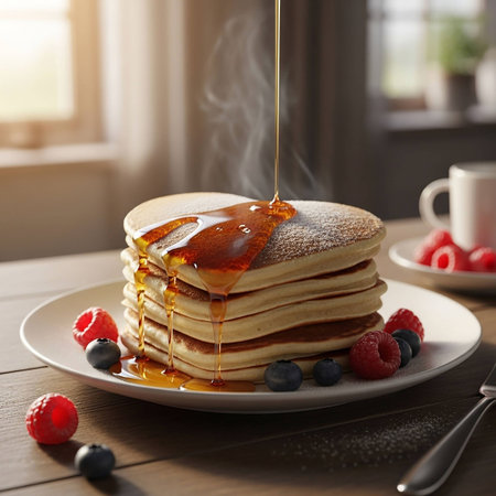 Pouring maple syrup on stack of pancakes with fresh berries on wooden tableの写真素材