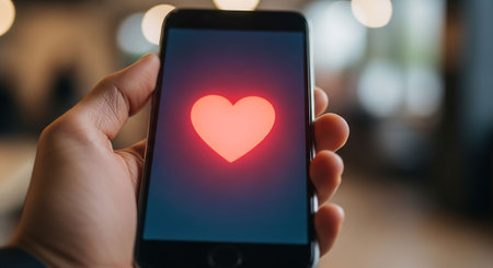 Close up of man hand holding smart phone with red heart on screenの写真素材