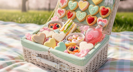 Picnic in the park with a basket full of colorful heart-shaped cookiesの写真素材