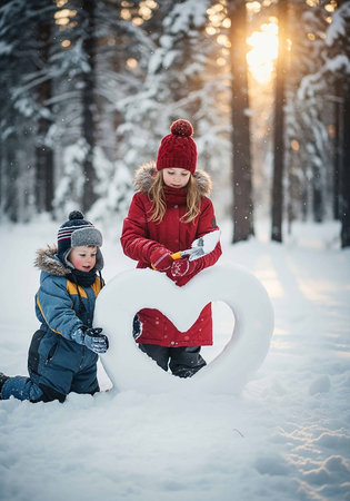 Cute little boy and girl making snowman in winter forest.の写真素材