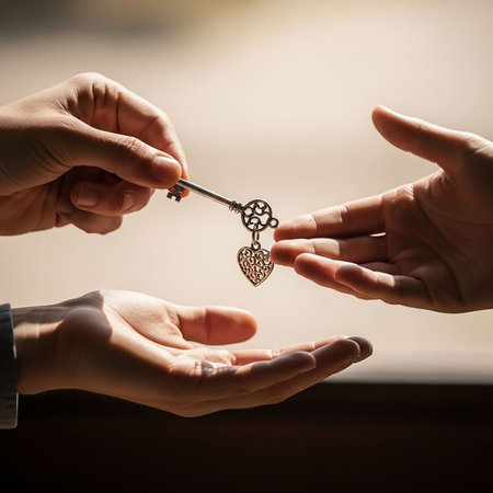 Hands of a man and a woman holding a key in the shape of a heartの写真素材
