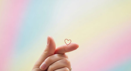 Female hand holding a heart on a rainbow background. Copy space.の写真素材