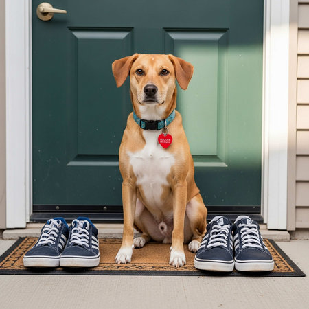 Cute dog sitting on the front door of a house with sneakersの写真素材