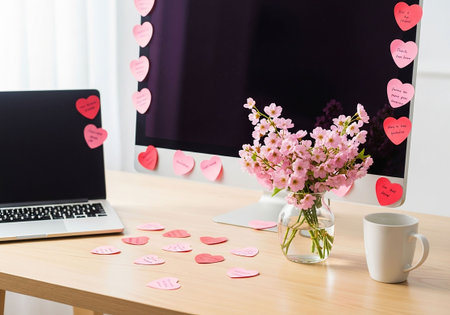 Coffee cup and laptop with pink heart on wooden table at homeの写真素材