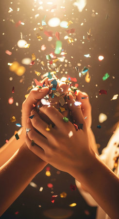close up of female hands holding confetti on black background with golden lightの写真素材