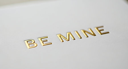The word be mine printed on a white sheet of paper close-upの写真素材