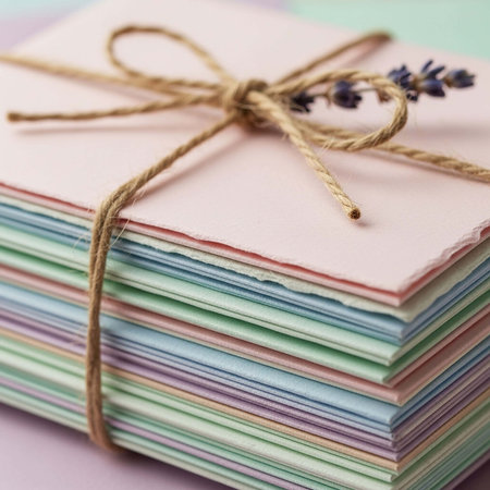 Stack of colorful envelopes tied with twine and tied with twineの写真素材