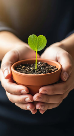 Hands holding a green seedling in a clay pot with soilの写真素材