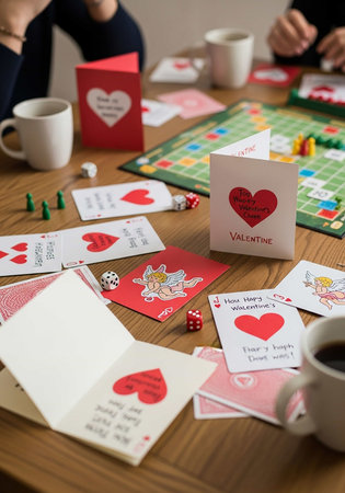 Close-up of playing cards and hearts on a wooden table.の写真素材