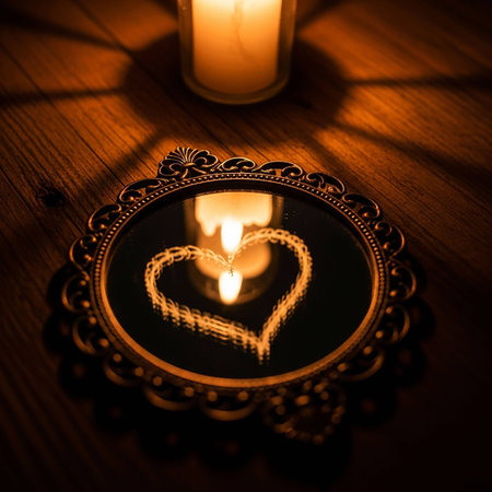 Candle and heart shape in a mirror on a wooden background.の写真素材