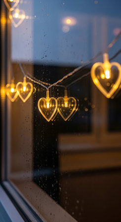 Heart shaped lights on a window with rain drops. Love concept.の写真素材