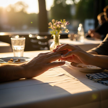 Man and woman are holding hands on the table in a restaurant.の写真素材