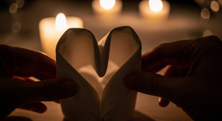 Wedding rings in the shape of a heart with candles in the backgroundの写真素材