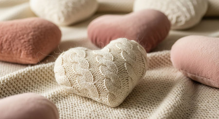 Handmade knitted heart on a beige knitted background.の写真素材