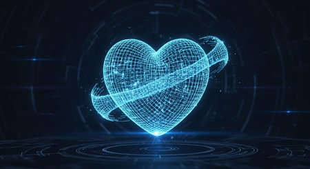 Digital heart hologram on dark blue background. 3D Renderingの写真素材