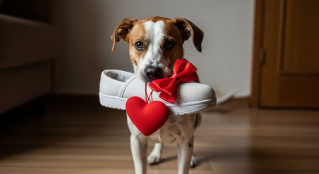 Dog with a red heart and a white sneakers for Valentine's Dayの写真素材